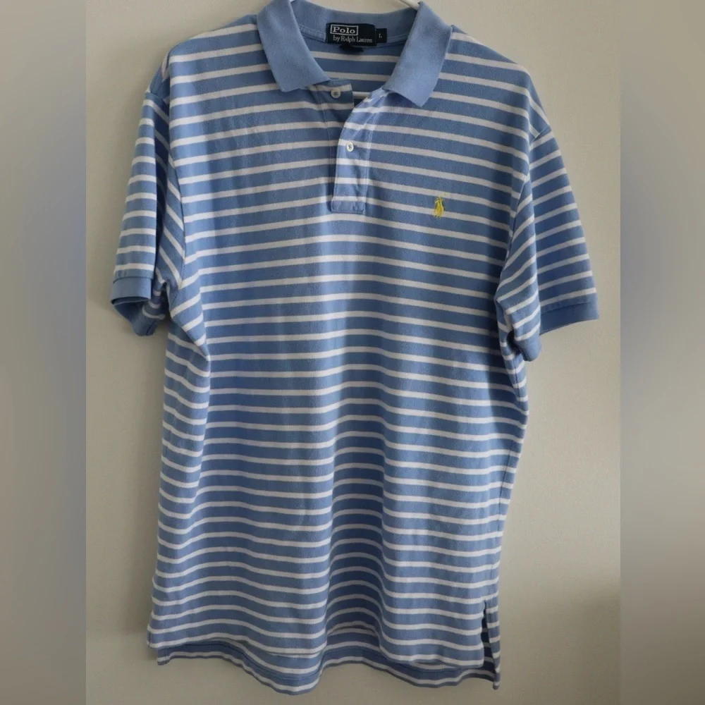 Vintage Polo Ralph Lauren Striped Polo Shirt Blue White Yellow Pony Logo